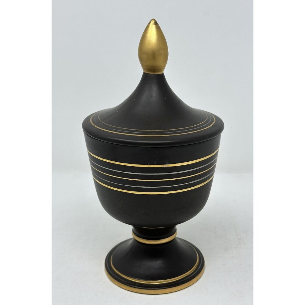 Vtg VEE JACKSON CALIFORNIA 10" URN w/ FINIAL LID Black/Brown Gold Silver Lines - Picture 2 of 13